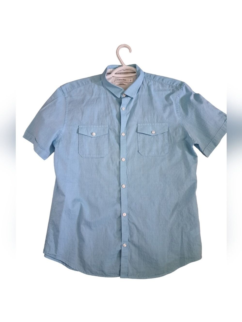 CALVIN KLEIN slim fit short sleeve shirt blue coastal resort cotton mens large